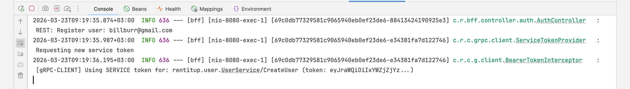 screenshot of tokens